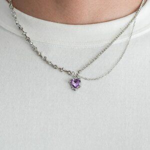 Purple stone heart silver necklace y2k